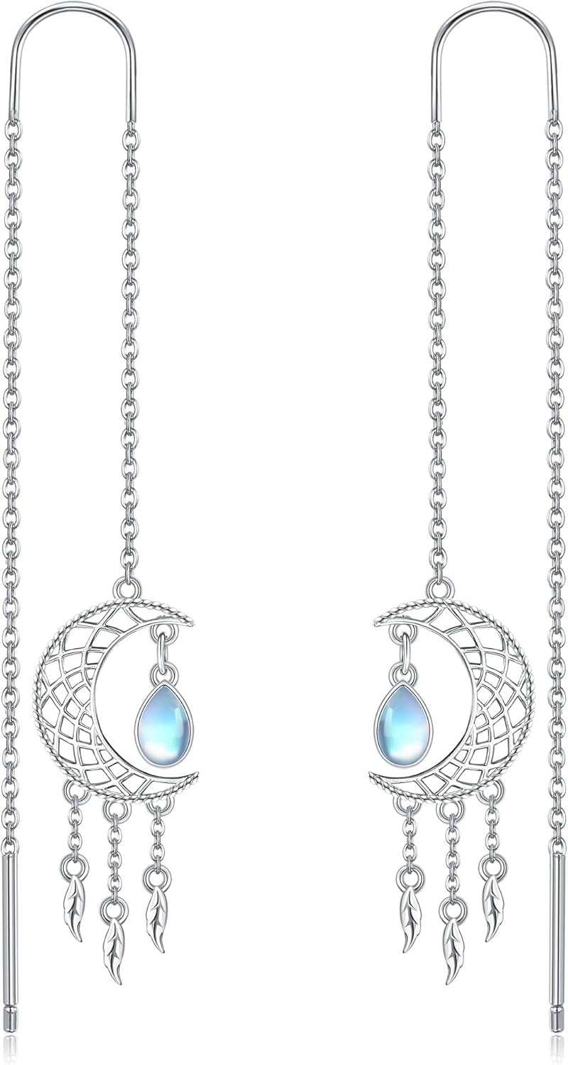 Dream Catcher Threader Earings 925 Sterling Silver Moonstone Feather Dreamcatcher Mother's Day Jewelry for Women Mom