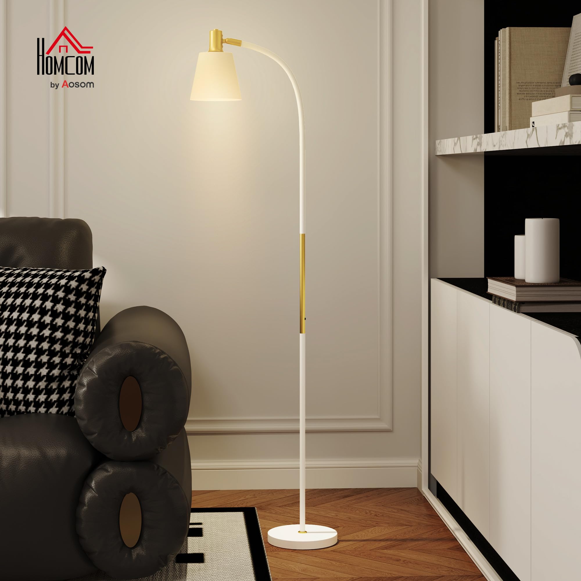HOMCOM Lámpara de Pie LED con Altura Ajustable Pantalla Blanco y Dorado | Lámpara de Pie Salón, Interruptor Basculante, para Sala de Estar Oficina Dormitorio
