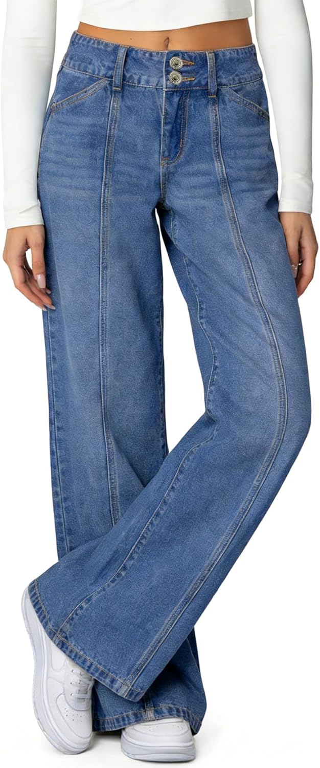 Women's Wide Leg Jeans High Waisted Stretchy Straight Leg Jeans Trendy Seamed Front Loose Fit Denim Pants