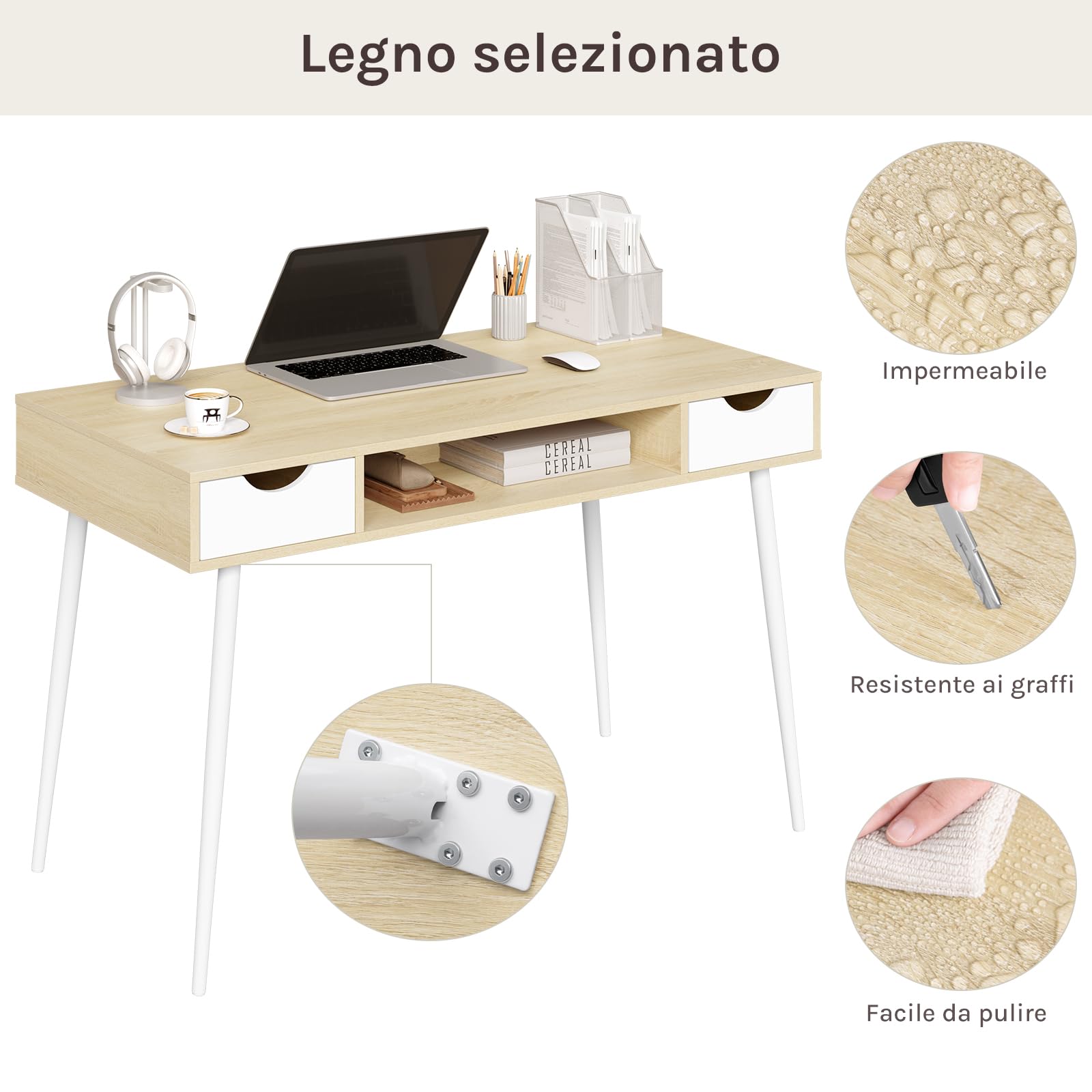 WOLTU Scrivania Bianca, Tavolo Quercia PC | con 2 Cassetti e Ripiano, 120x58x75 cm, per Soggiorno, Telaio Metallo