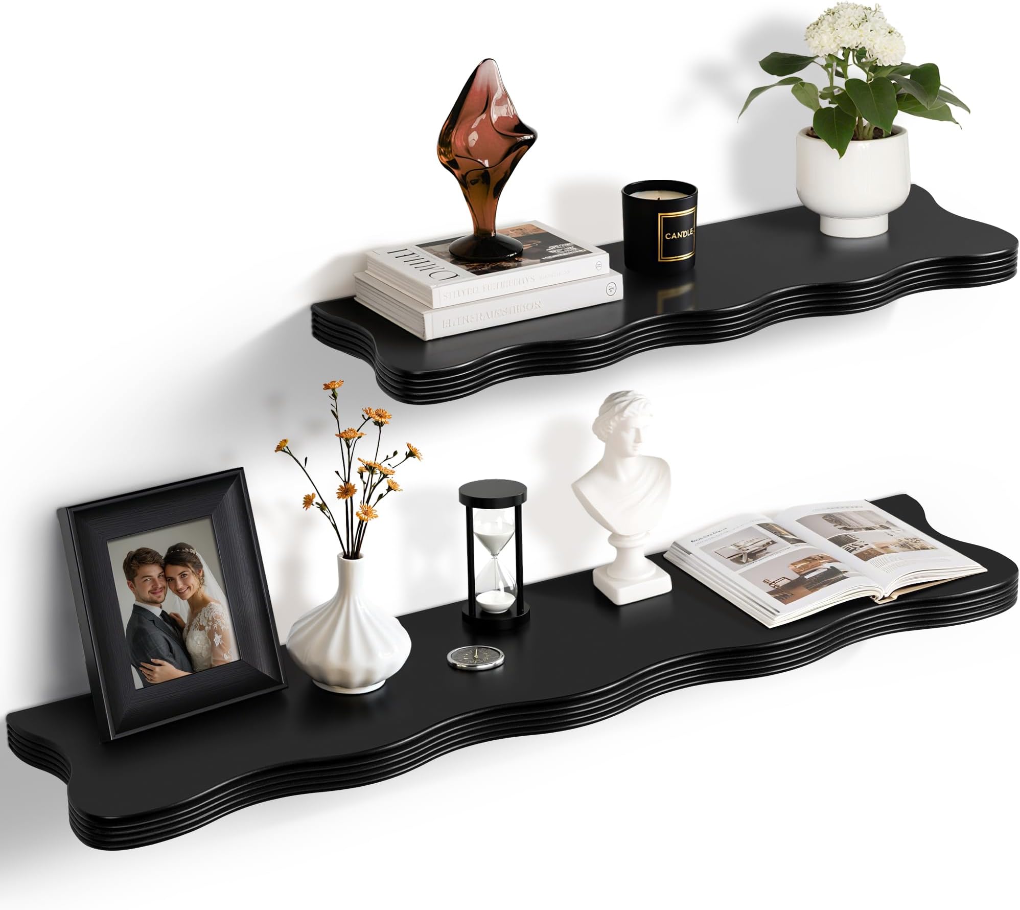 SUMGAR Black Floating Shelves for Wall Mounted Long Shelf to Storage Display Decor Book Picture Plant With Wavy Edge Large Shelf Organiser for Bedroom Living Room Bathroom Toilet 60CM And 90CM