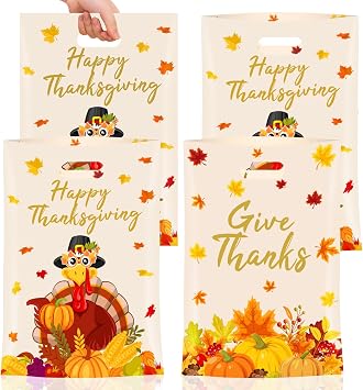 40 Pcs Thanksgiving Gift Bags - Happy Thanks giving Goodie Bags, Plastic Fall Maple Leaves Pumpkin Give Thanks Turkey Treat Candy Favor Tote Bags with Handles for Autumn Thanksgiving Party Favors Bulk