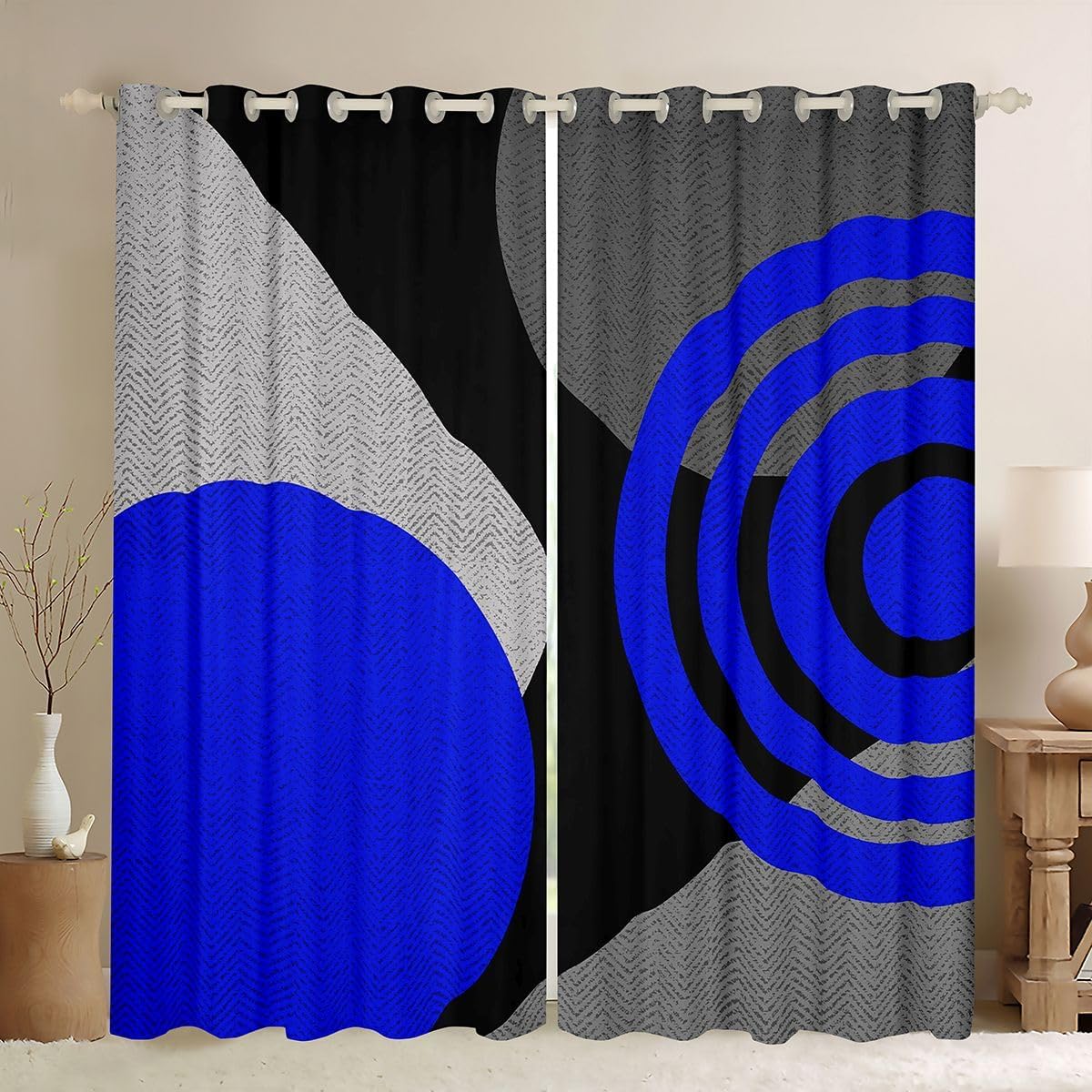 Feelyou Kids Blue and Black Curtains for Bedroom Living Room (2 Panels, 38 x 45 Inch) Circle Darkening Drapes Decor Geometric Blackout Curtains Abstract Art Window Treatments