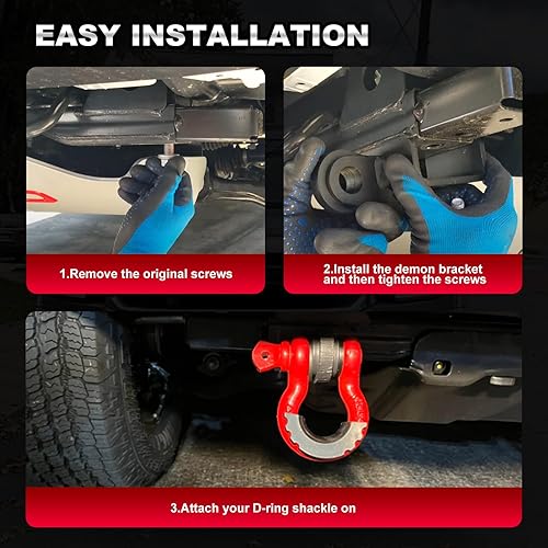 Miniatura 6 de Soportes de gancho de remolque delantero Demon con grilletes de 34 pulgadas y anillos D compatibles con Toyota Tacoma 2009-2023 (rojo)