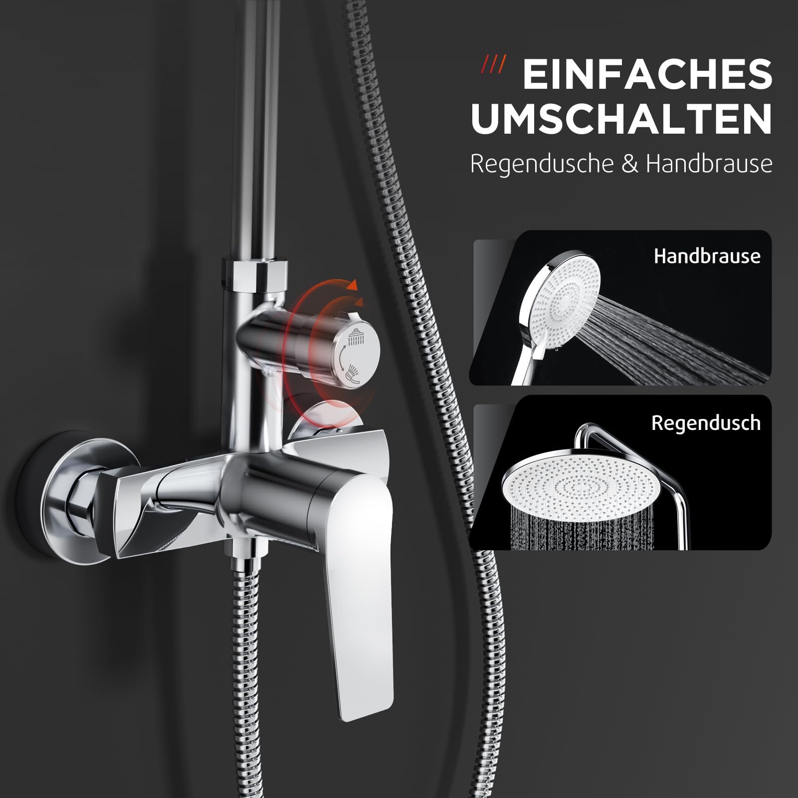 Rainsworth Duschsystem mit Armatur Chrom, Regendusche mit Armatur aus Messing, 25 cm Regendusche, 3 Strahlarten Duschkopf, Duscharmatur Komplettset, Duschset