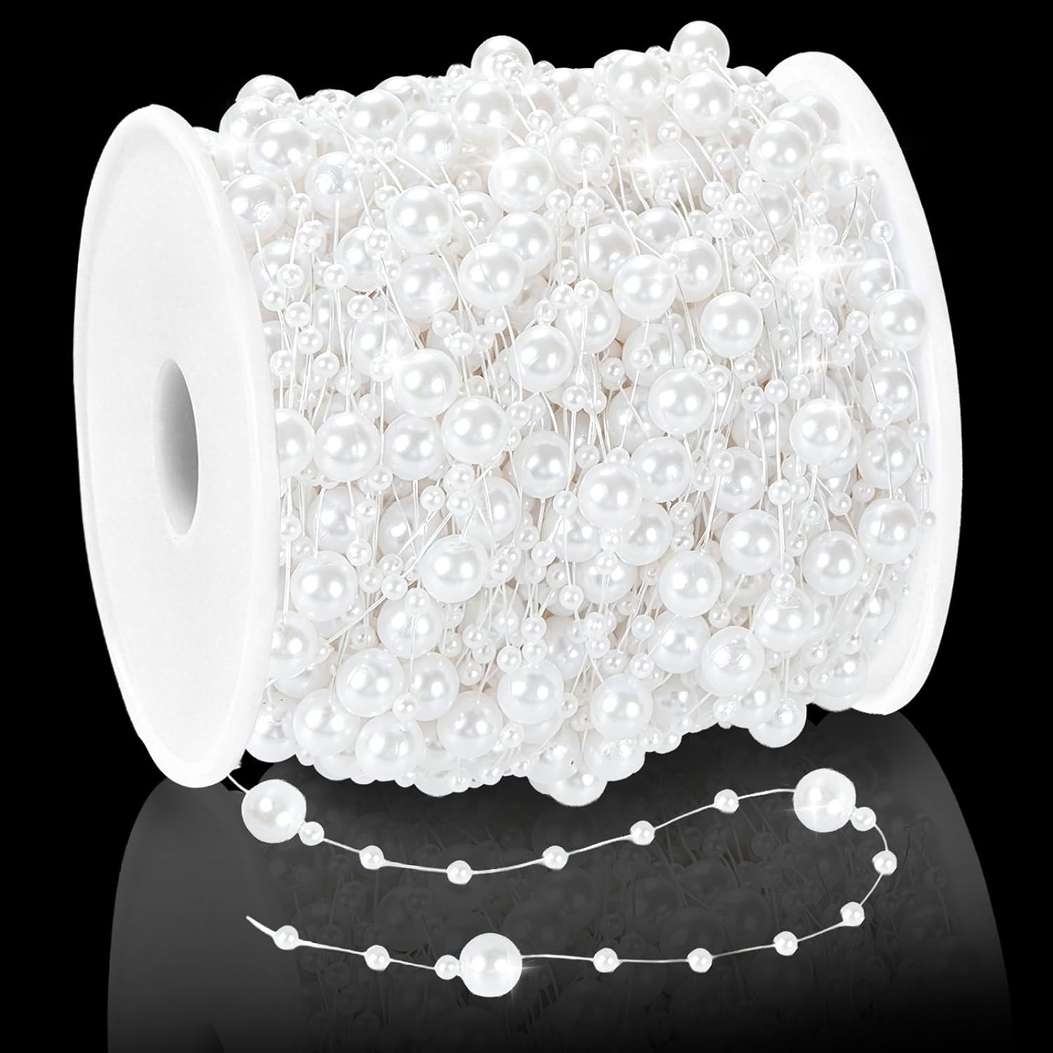 120FT Pearl Beads String Garland, 8mm 3mm Faux Pearl Strand on Fishing Line for Wedding Centerpieces, Bouquet, Backdrop, Table Decor, Candle Lantern Wreath Craft (Ivory)