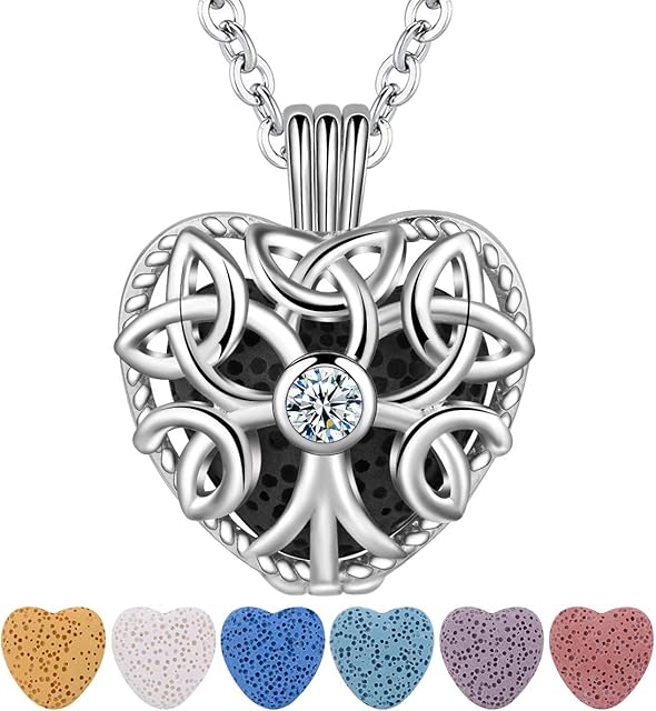 CELESTIA Aromatherapy Essential Oils Diffuser Necklace Tree of Life Pendant with 7 Lava Beads, Anxiety Relaxing Gifts for Women Her Mum