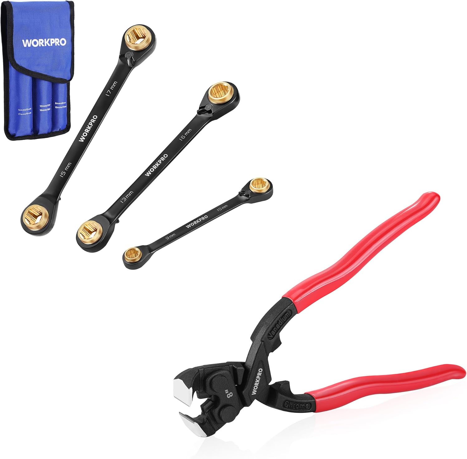 WORKPRO 3 PCS 4-in-1 Metric Reversible Ratcheting Wrench Set & WORKPRO 8 Inch Nail Puller Pliers, High Leverage End Cutting Pliers with Gripping Jaws