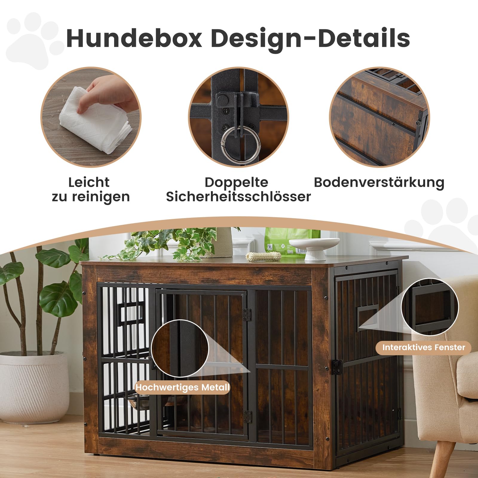 Gardner Pet Hundekäfig Möbel, Hundebox für Zuhause, 99x65x69 cm, Braun | Hundebox für Zuhause, Moderne Hundehütte Indoor, 3 Türen, Verstellbare Näpfe, Metall und Holz, Für mittlere Hunde