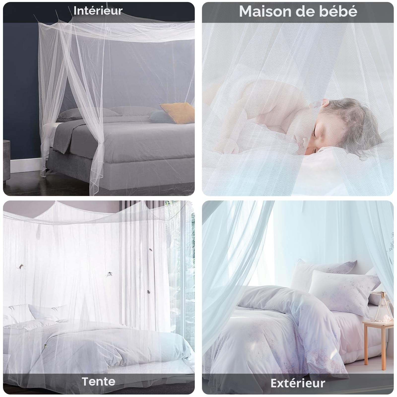 Mizikuu Moustiquaire de Lit Carrée 200 x 220 x 210 cm - Grand Format pour Lits Simples et Doubles - Isolation Efficace Contre Les Moustiques Extérieurs