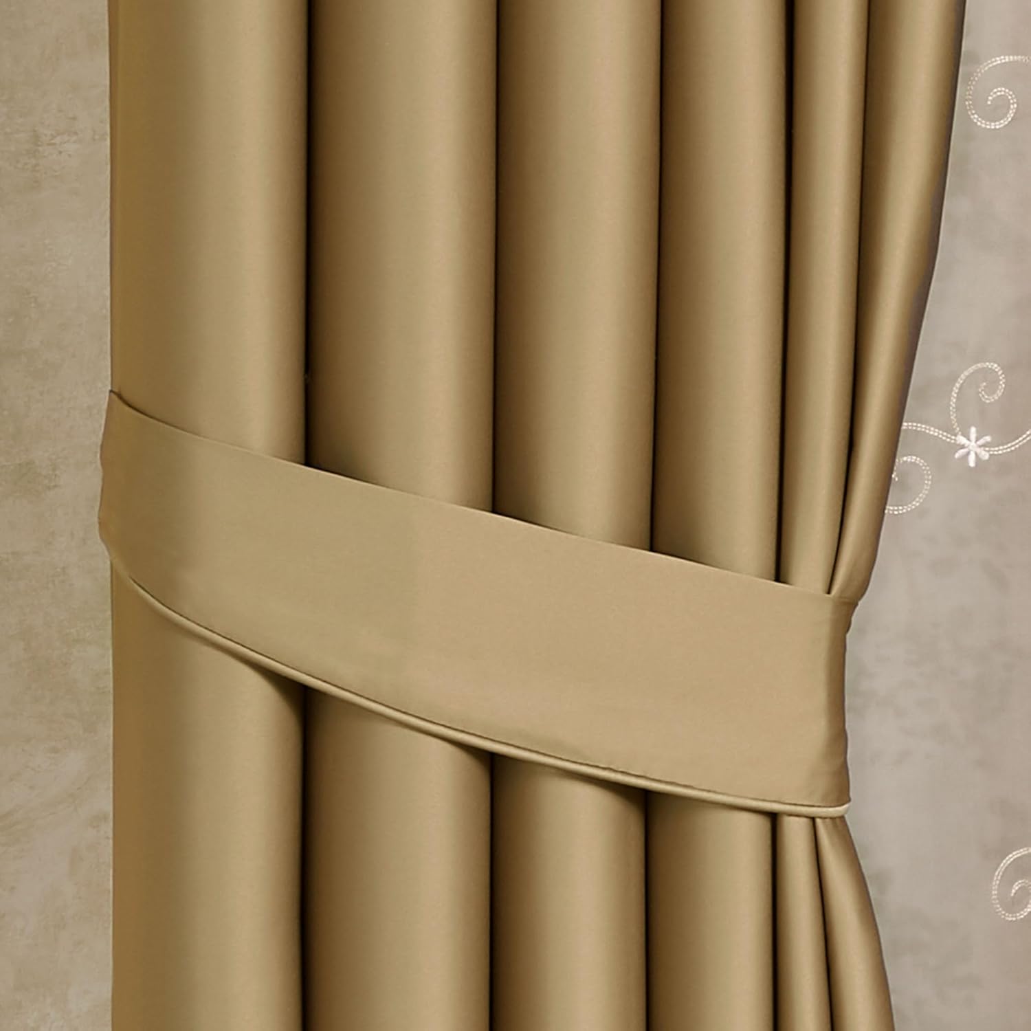 Cambridge Classic Luxury Window Treatment | Golden Bronze Solid Color Polyester Satin | Elaborate Damask Quilted Scalloped Valance | Drapery Set Includes Scalloped Valance & 84L Lined Curtain Pair