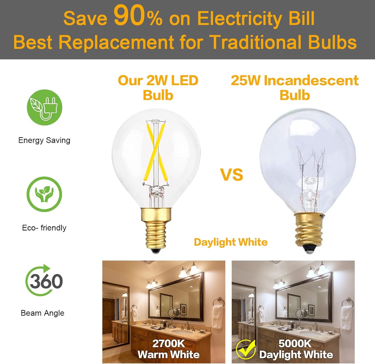 Daylight E12 Ceiling Fan Bulb Dimmable, 2W Globe G16.5 LED Chandelier Bulb, 25Watt Incandescent Bulb Equivalent, 5000K Clear Glass, Small Round Light Bulbs for Pendant Bathroom Vanity Lamp, 6 Pack