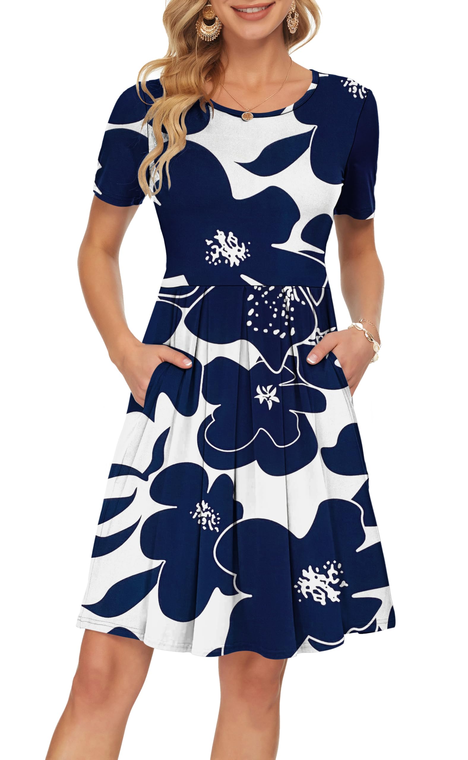 AUSELILY Dresses for Women UK Summer Dress Short Sleeve Wrap Dress Casual with Pockets Knee Length White Navy Flowers XXL