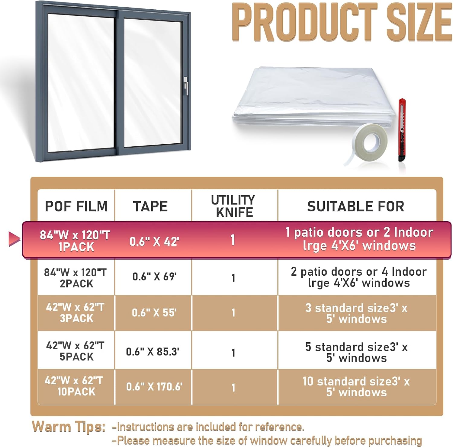 Window Insulation Kit for Winter,Plastic Shrink Film Indoor Thermal Seal to Block Drafts, Cold Air for Windows and Patio Doors，10-Pack（42"W x 62"T）
