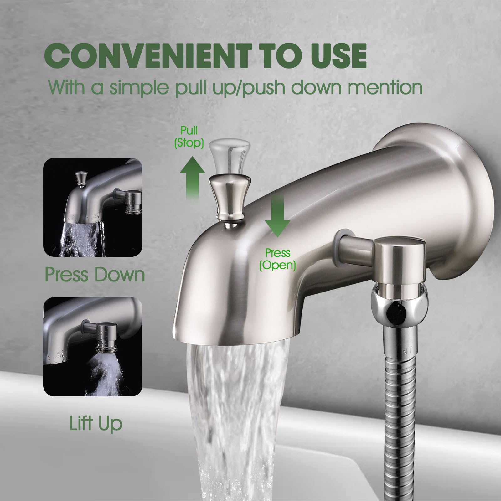 Boquilla de bañera de metal con desviador que se adapta a IPS roscado de 1/2 pulgada o 3/4 pulgadas, grifo de bañera con desviador de ducha, boquilla desviadora universal de bañera, níquel