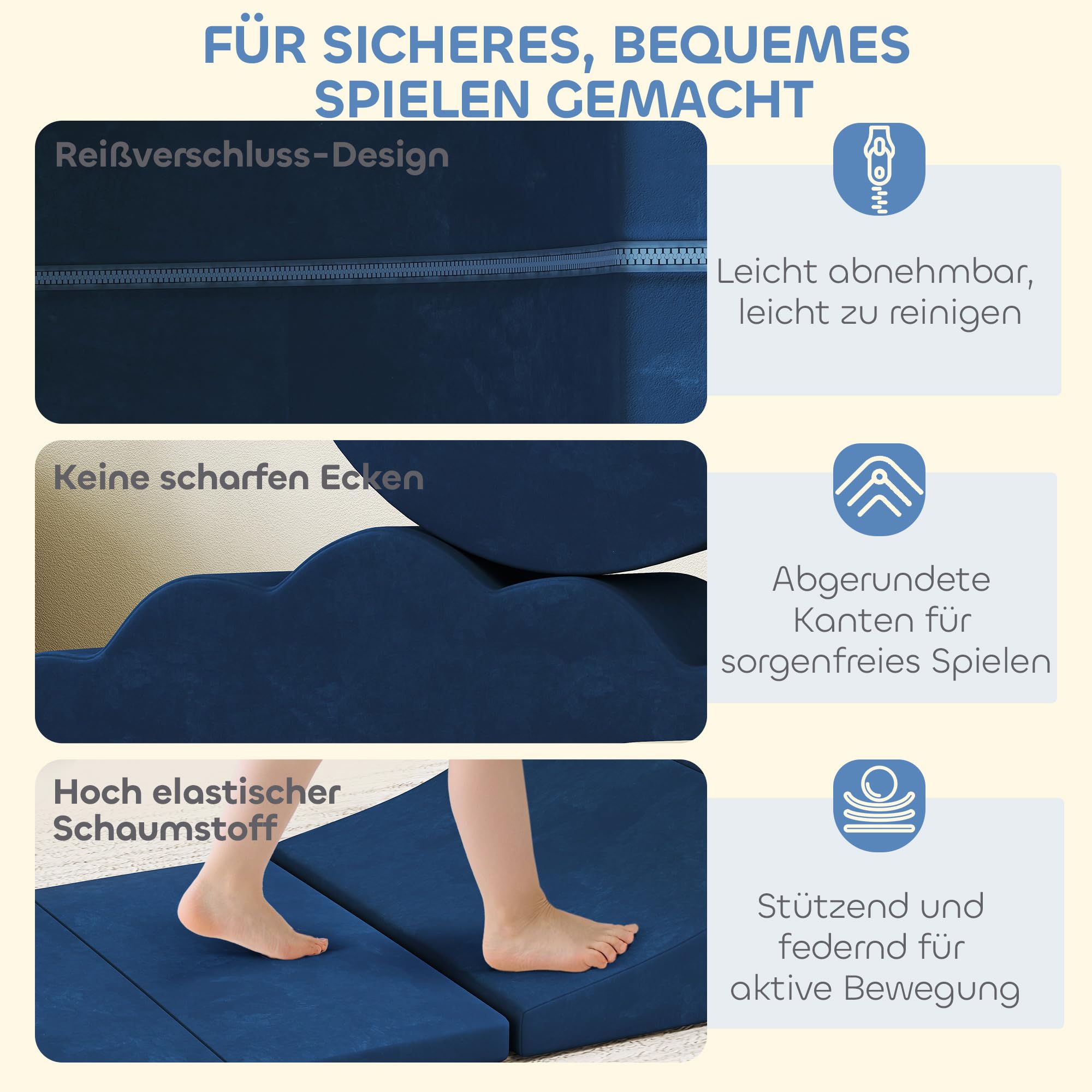 AIYAPLAY Kinder Schaumstoff Bausteine 7er Set Softbausteine Riesenbausteine Klettern Spielsofa Großbausteine mit Samtoptik Modulares Bausteine-Sofa Baby Kletterspielzeuge Dunkelblau