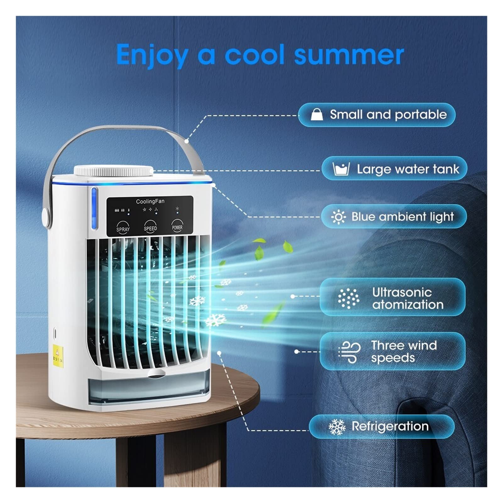 Enfriador de Aire portátil, Ventilador de refrigeración para Escritorio, pulverizador de Agua, USB, acondicionamiento de Oficina, Tanque de 500ml, refrigeración silenciosa có