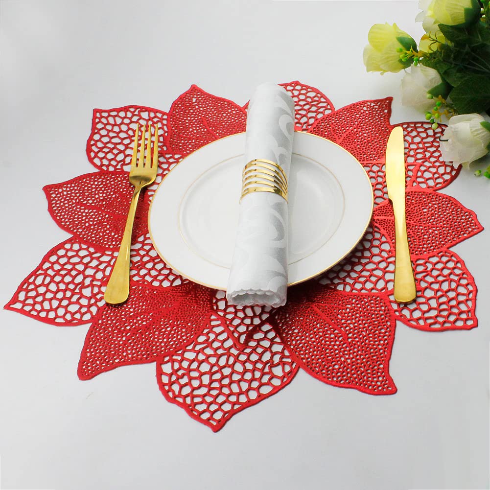 AdasBridal Red Round Placemats for Dining Table Set of 6 Pressed Vinyl Metallic Table Mats Hollow Out Hibiscus Flower Place Mats for Dinner Table Decor Holiday Wedding Accent Centerpiece