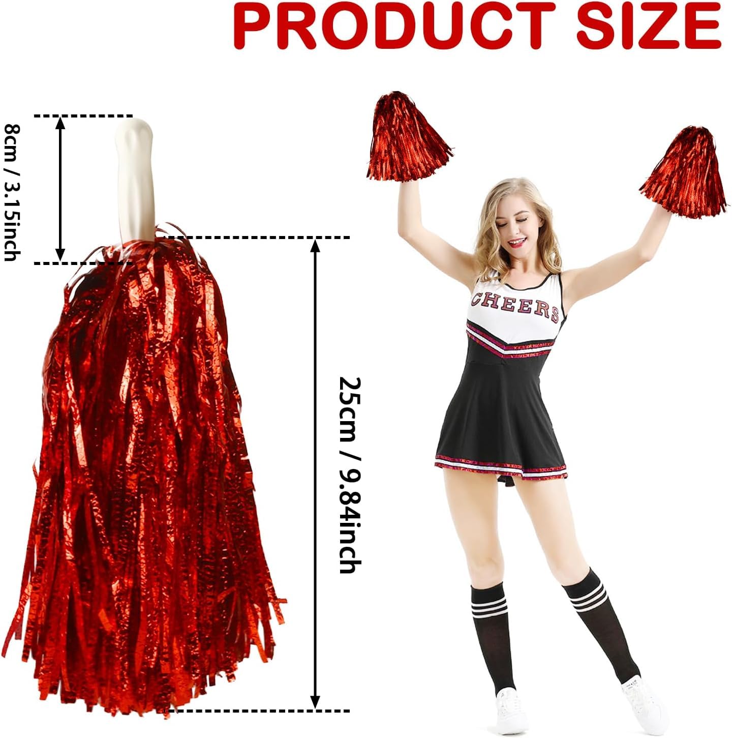 PRP Creation One Pair Metallic Cheerleader Pompoms Sports Dance Cheer Party Accessories Pom Poms Hand for Kids Adults Rooters,Cheering Squard,Cheering Team (Red) 1