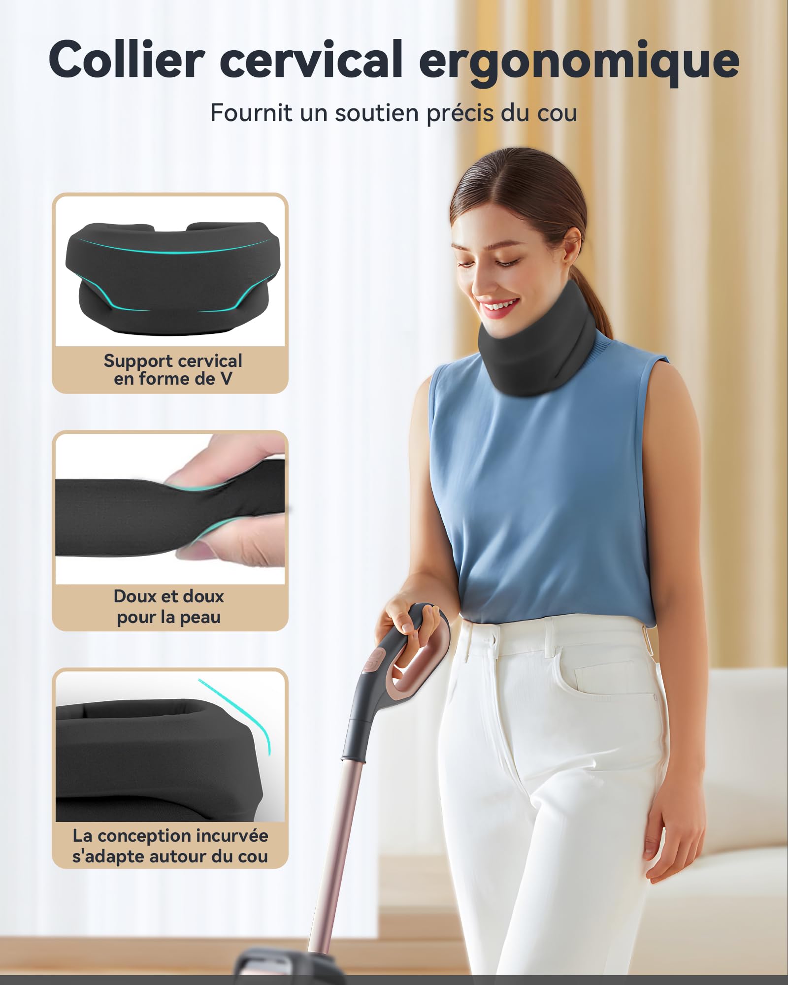 Collier Cervical Soutien en Mousse Souple-Minerve Réglable Homme/Femme pour Bureau et Voiture-Soulage les Tensions du Cou et Améliore la Posture