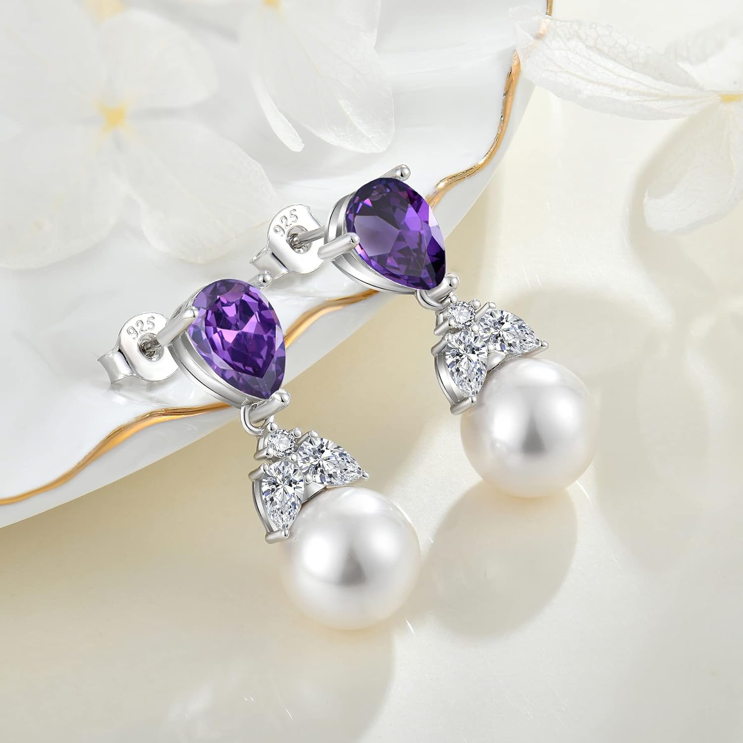 Women Pearl Earrings 925 Sterling Silver Teardrop Cubic Zirconia Pearl Dangle Bridal Wedding Earrings with 10mm Simulated Pearl Birthstone Earrings for Women Gift - Image 2