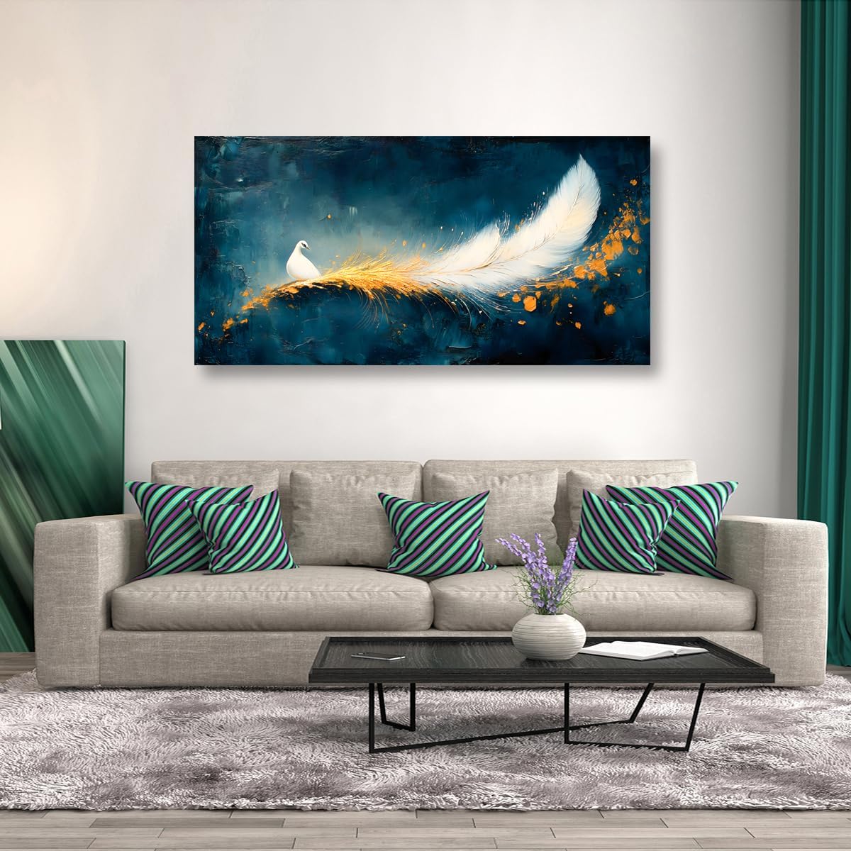 Abstraction Pictures Canvas Wall Art for Living room Office Bedroom Wall Decor, Peacock Wall Art Print Paintings Modern White Feather Zoon Artwork Waterproof Ready to Hang-20x40inch