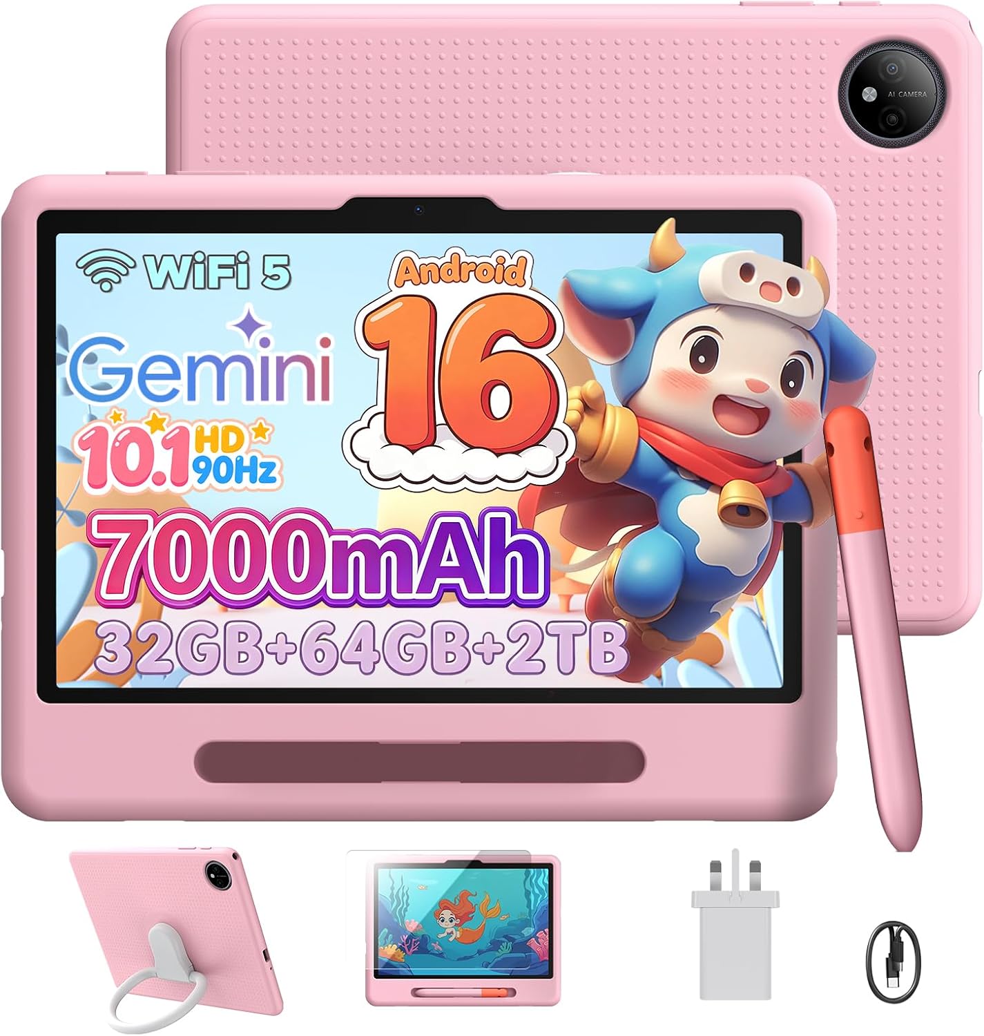 P10 Kid Kids Tablet with Silicone Case & Stylus Pen, 10 inch tablet Android 16 Tablet for Kids Ages 3-12 Years, 90Hz 32GB+64GB/TF 2TB, Gemini AI, Parental Controls, WiFi/Bluetooth/OTG/3.5mm jack, Pink