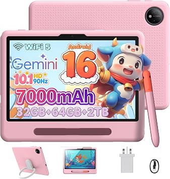 P10 Kid Kids Tablet with Silicone Case & Stylus Pen, 10 inch tablet Android 16 Tablet for Kids Ages 3-12 Years, 90Hz 32GB+64GB/TF 2TB, Gemini AI, Parental Controls, WiFi/Bluetooth/OTG/3.5mm jack, Pink