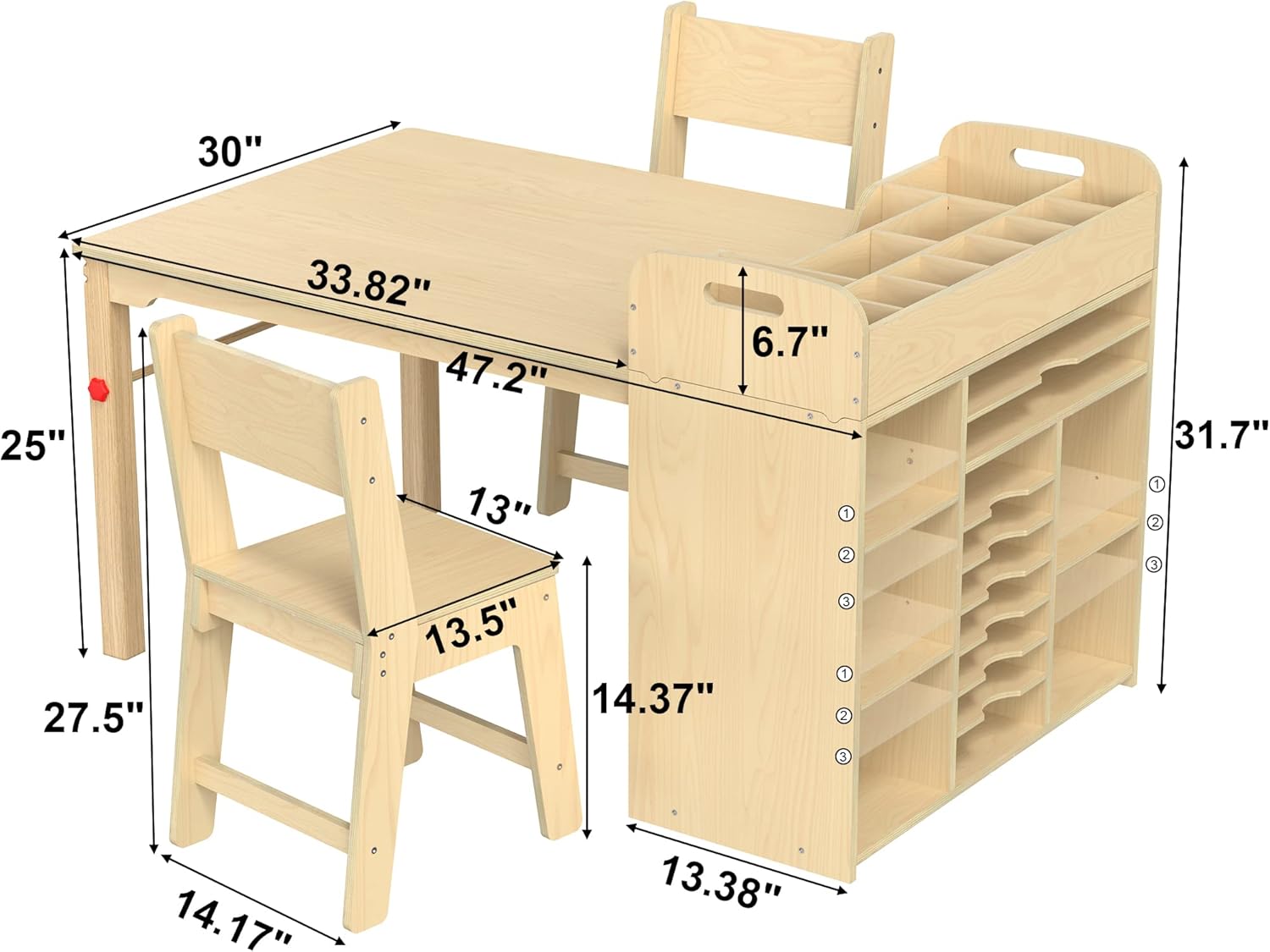Diagram showing dimensions of the GDLF Kids Art Table and Chairs Set