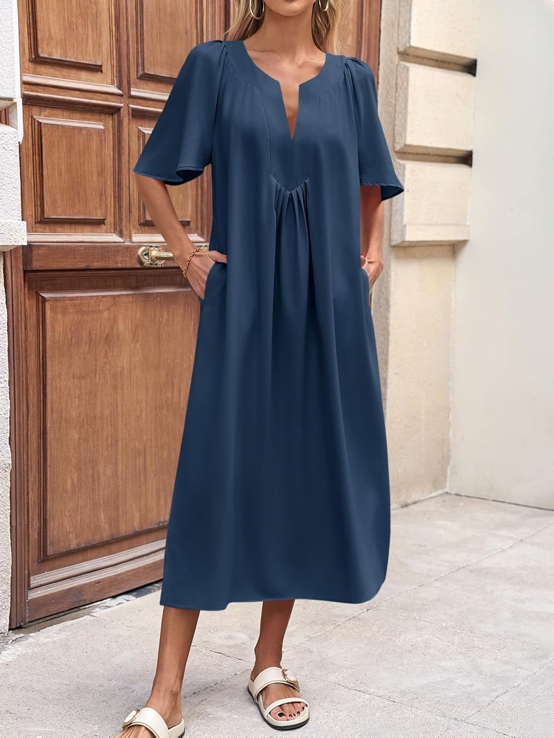 Wenrine Womens Flutter Short Sleeve Maxi Dress Casual V Neck Side Slit Pleated Loose Flowy Summer Dresses - Image 4