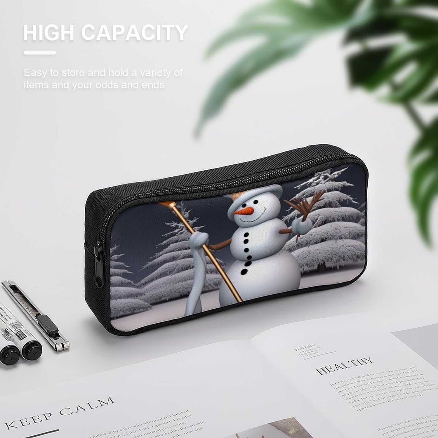 Hardworking Snowman Large Pencil Case, Pencil Pouch with Zipper image 4