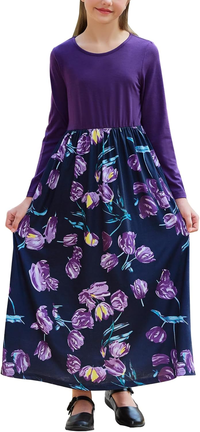 GORLYA Girl’s Short Sleeve Patchwork Floral Print Loose Casual Long Maxi Dress with Pockets for 4-14 Years Kids