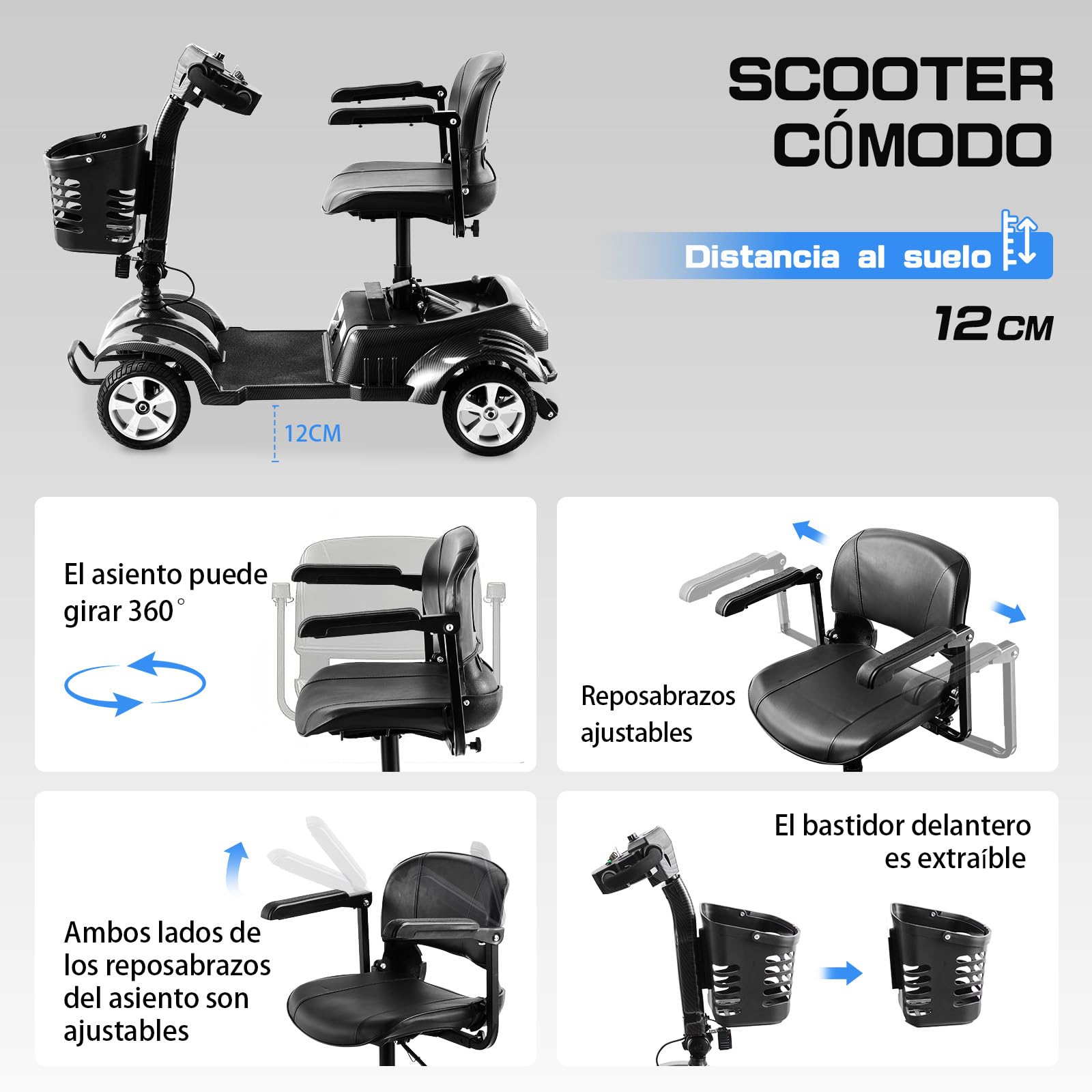 Z02 Scooters para discapacitados plegable para mayores, autonomía de 20 km, motor de 350 W, diseño estable antivuelco, asiento giratorio de 360°, luces LED, fácil de usar, 5 años soporte - Negro