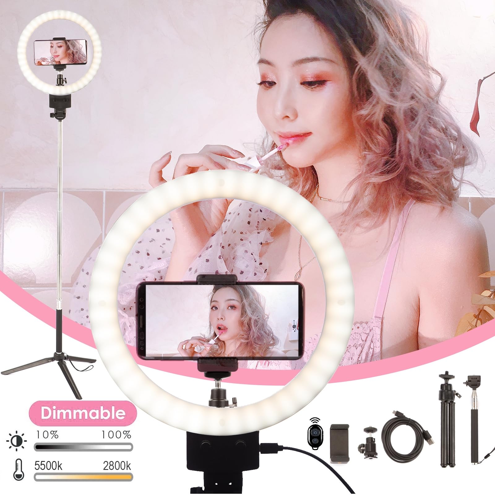 Luce ad anello per selfie con treppiede e supporto per telefono, luce ad anello LED da 9 pollici dimmerabile, 4 modalità di illuminazione e 11 livelli di luminosità per trucco, streaming live