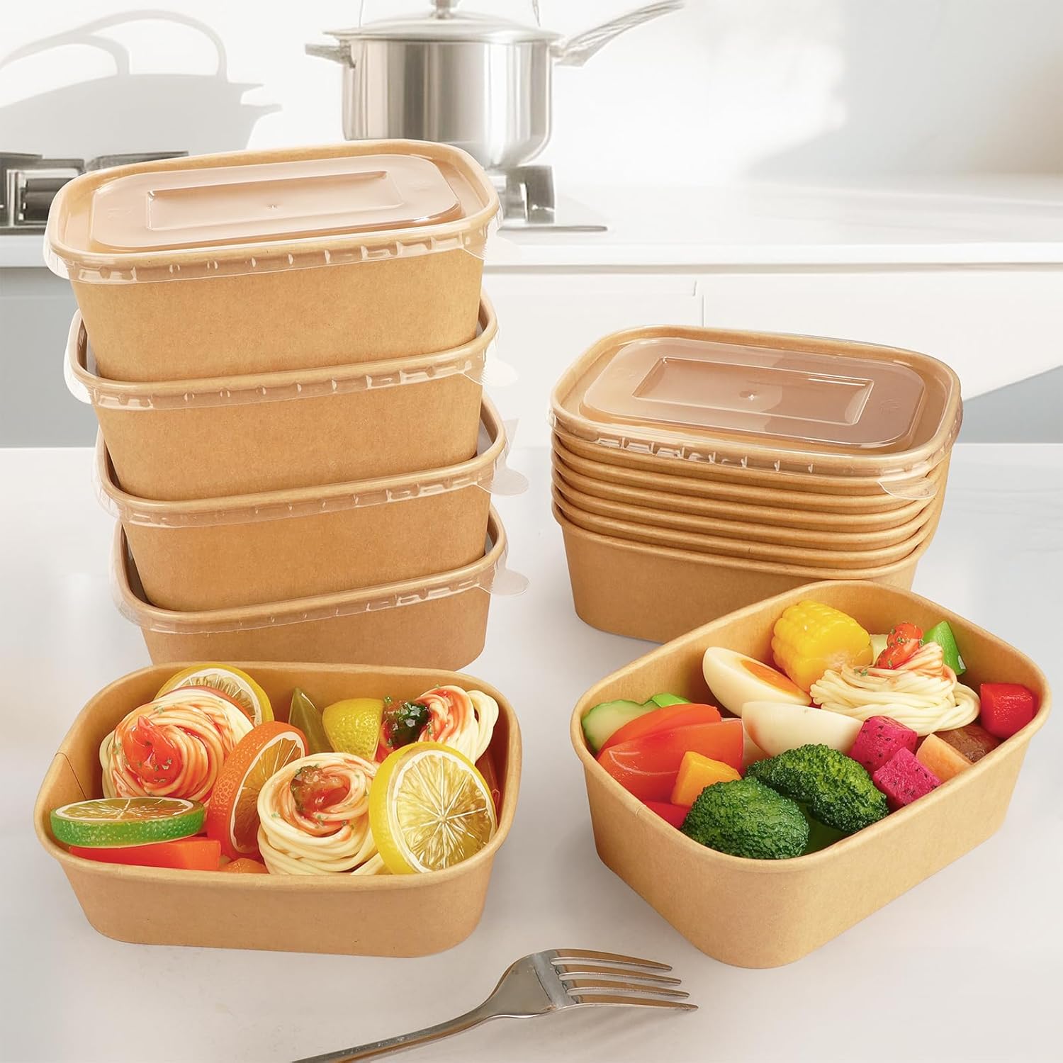 TWOWYHI 50 Pack Disposable Kraft Paper Bowls 25 OZ Food Containers with Lids Meal Containers Disposable Paper Bowls Serving Soup Salad Bowls with Plastic Lids for Pasta Snacks Take Out Food Containers