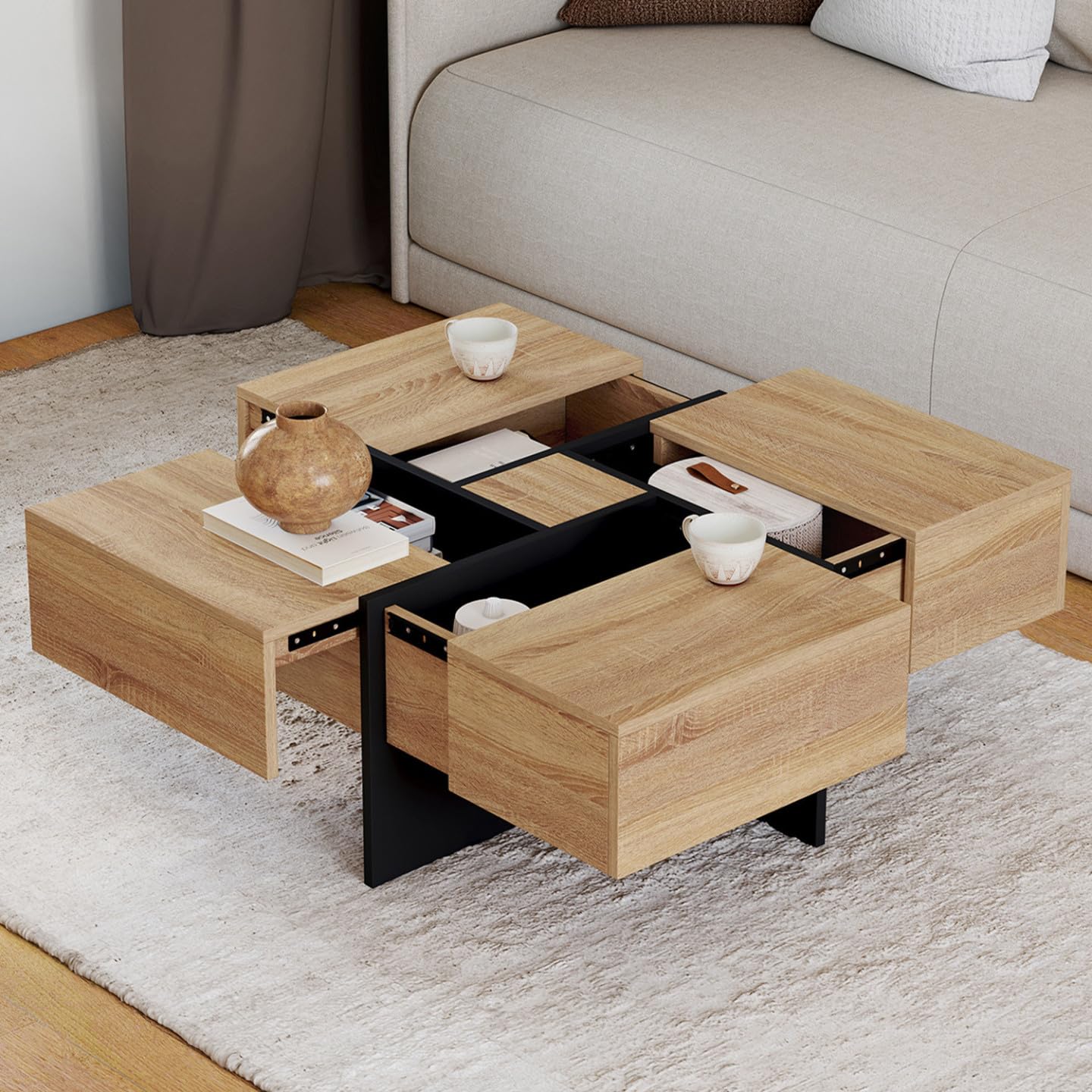 IDMarket - Table Basse carrée Talia 70 cm avec tiroirs Bois et Noir