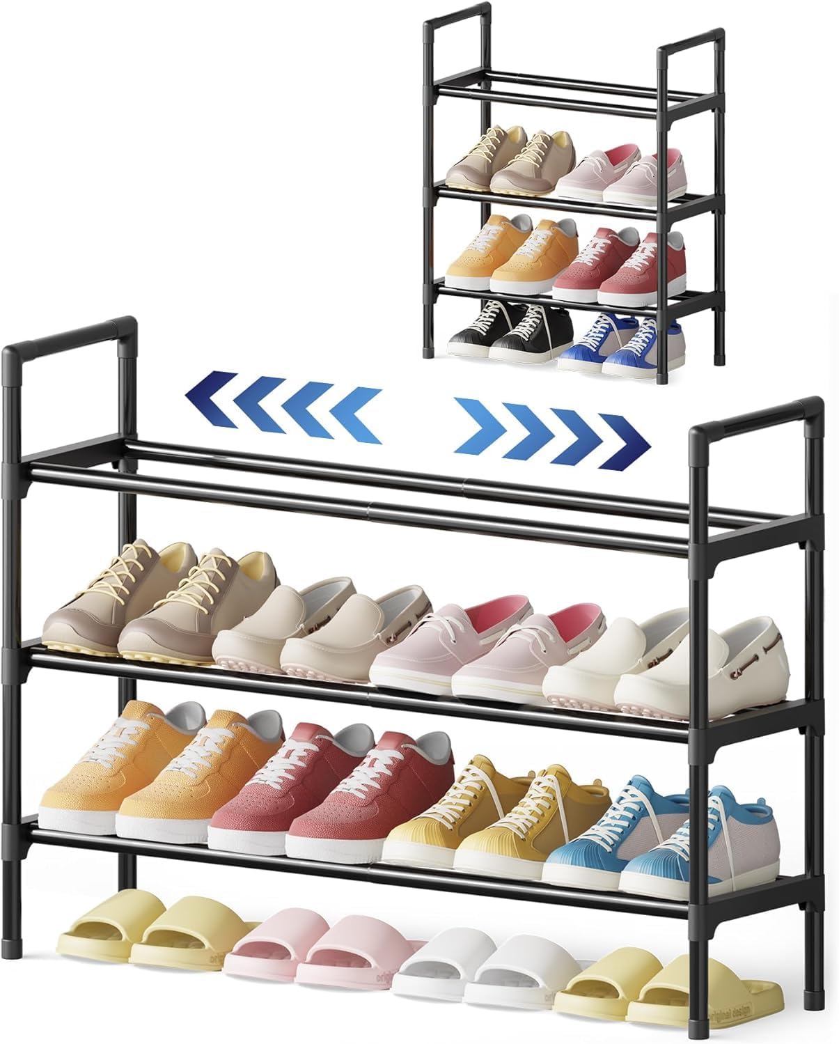 Kitsure Shoe Rack for Closet - Expandable Shoe Rack for Entrance, Rustproof Shoe Organizer for Entryway with Portable Handles, Black, 17.3″~30.2″L x 22.4″H