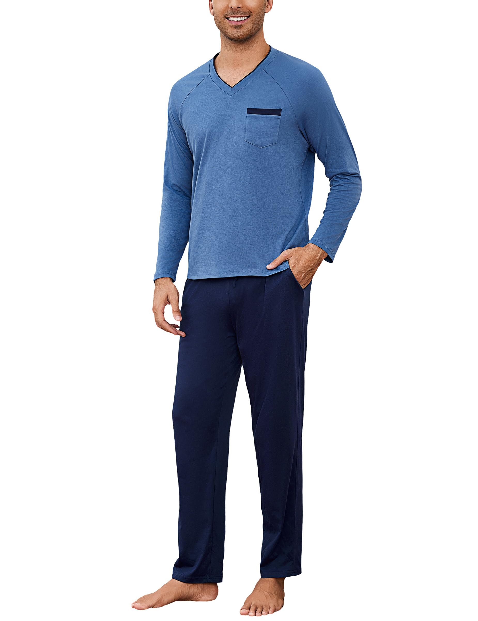 Bresdk Pijama Hombre Invierno Algodón Largo con Bolsillos Conjunto de Pijamas Hombre Manga Larga V-Cuello Suave y Transpirable S-3XL
