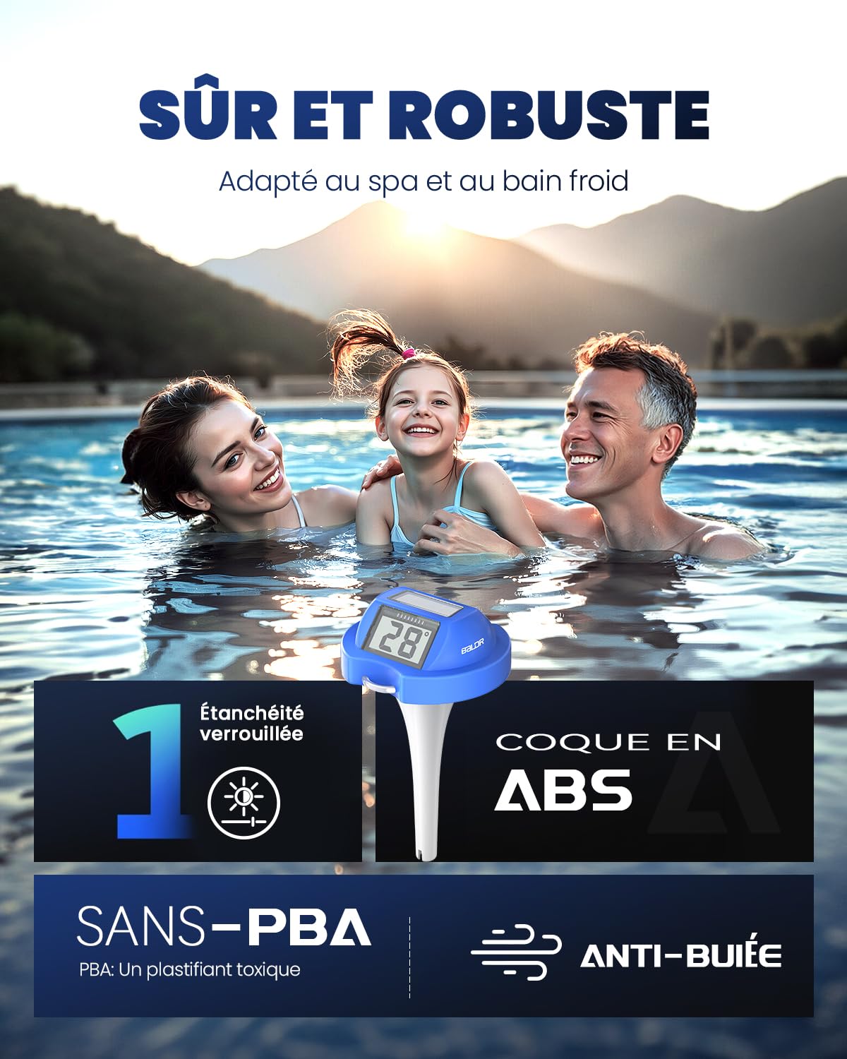 Thermomètre Flottant pour Piscine BALDR Solaire à Double Grand Écran Anti-Reflets | Sonde de Température Numérique Étanche IPX7 pour Piscines Enterrées, Hors-Sol, Spas & Étangs(Bleu foncé)