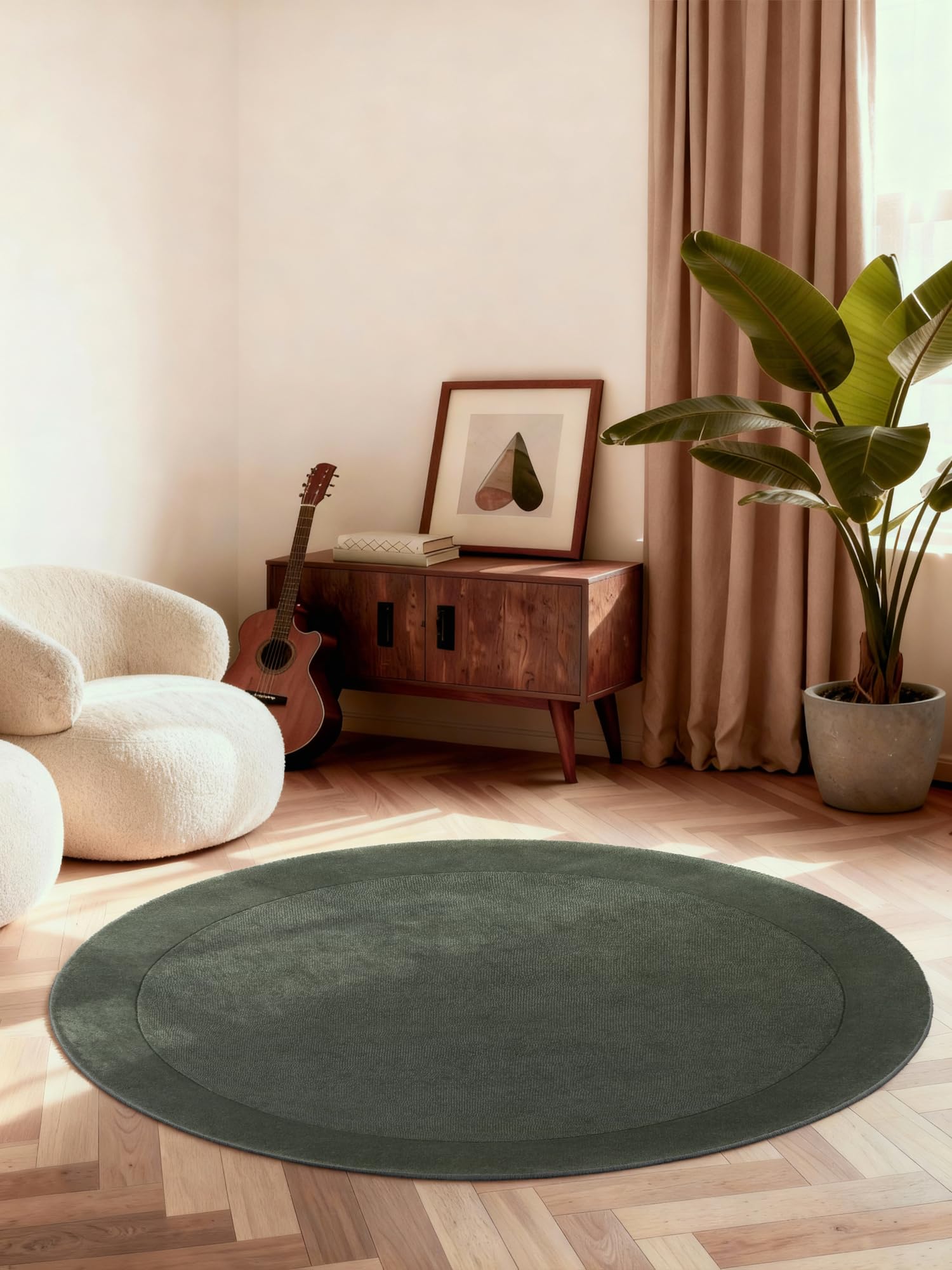 Villeroy & Boch Wollteppich Kivi Rund - Weicher Natur Wohnzimmerteppich mit Bordüre, Handgemacht & Natürlich, Modernes Design für Wohnzimmer, Schlafzimmer, Esszimmer, Flur - Natur Grün, Ø 150 cm