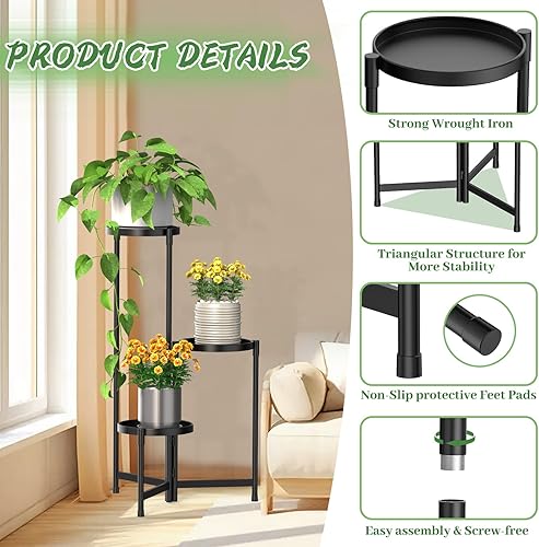 Miniatura 3 de MOKANI Soporte de metal para plantas para interiores y exteriores, para múltiples plantas, estante esquinero plegable de 3 niveles, soporte alto