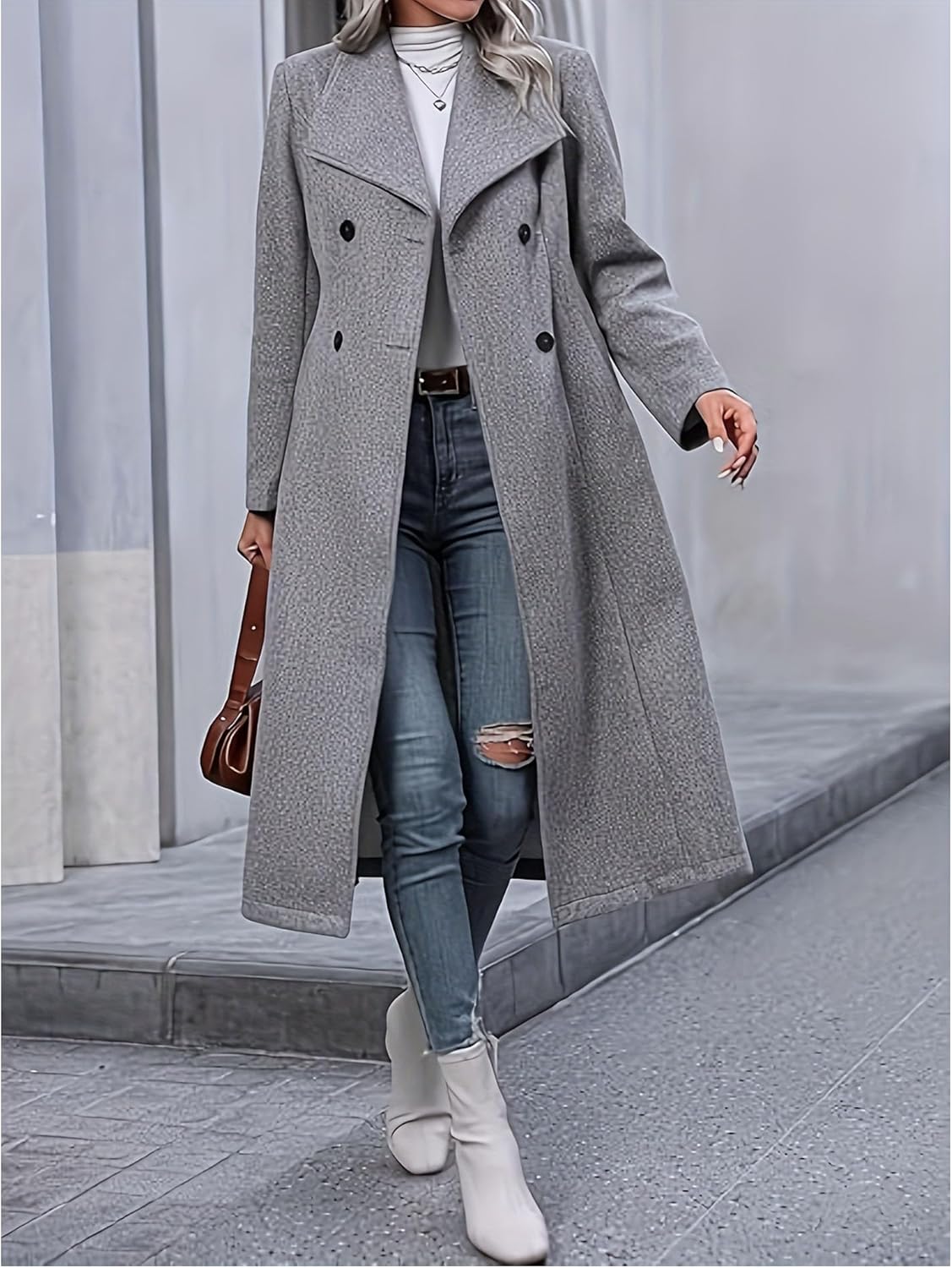 ECADHICC Womens Trench Coat Lapel Double Breasted Long Pea Coat Casual Work Office Overcoat with Pocket - Image 3