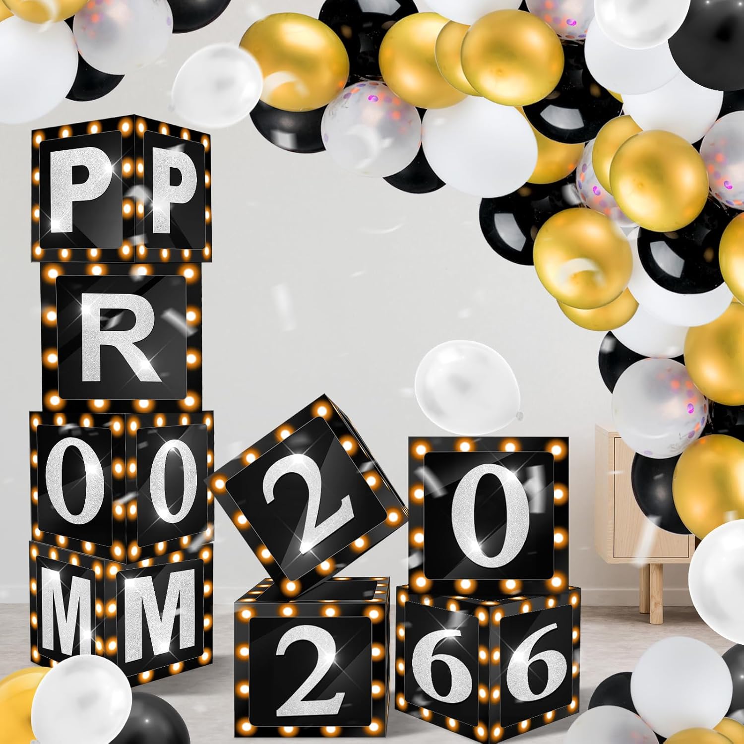 Sinmoe 8 Pcs 2026 Prom Graduation Boxes Decoration Photo Booth Border Lighting 12'' Column Standup with 2026 Prom Letters Graduation Props Backdrop Decor for Party Supplies(Black and Silver)