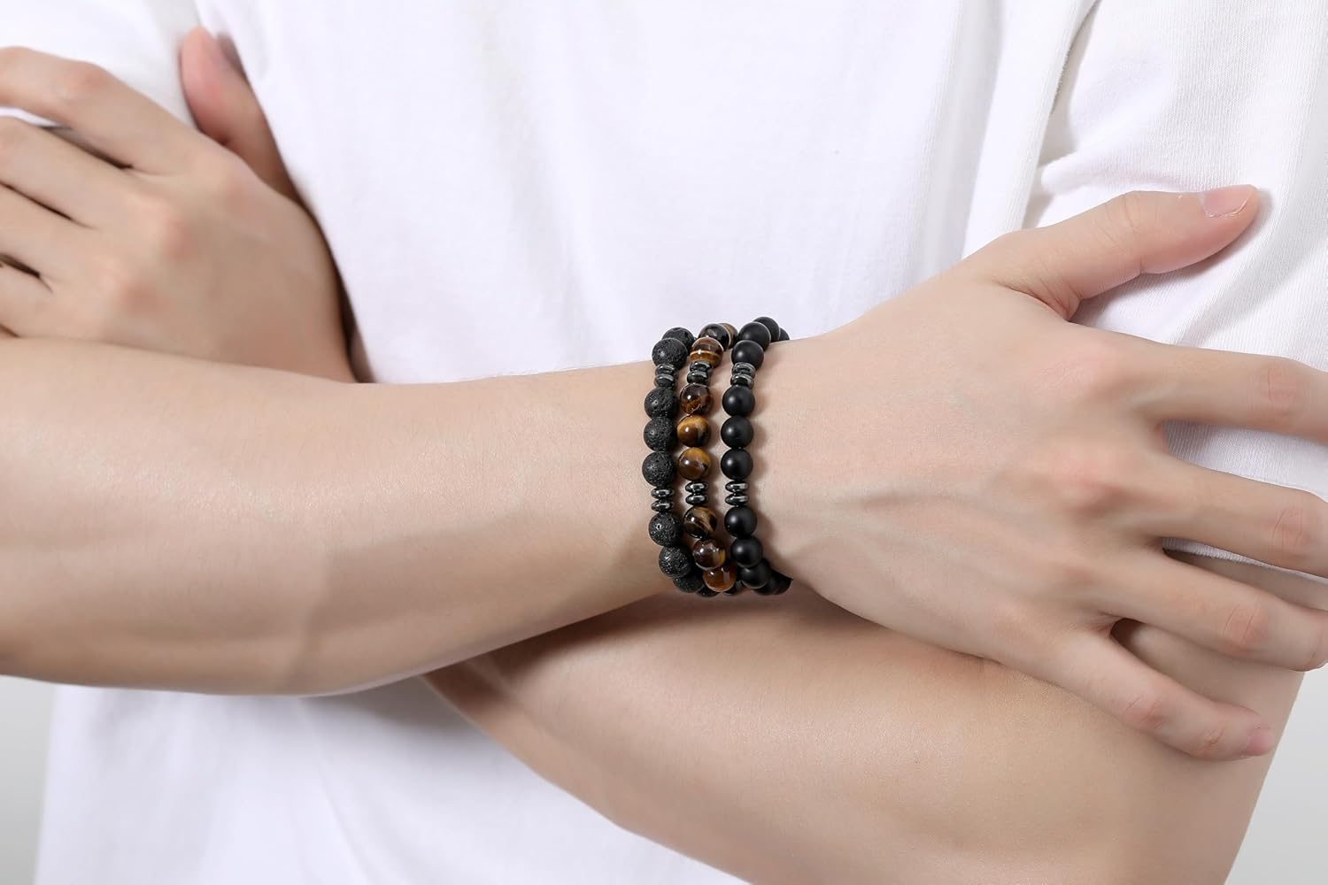 XIANNVXI Natural Stone Beads Bracelet for Men Crystal Bracelets 8MM Tiger Eye Lava Rock Obsidian Beaded Bracelet Set Black/Red/Blue Crystal Beaded Bracelets for Men - Image 2