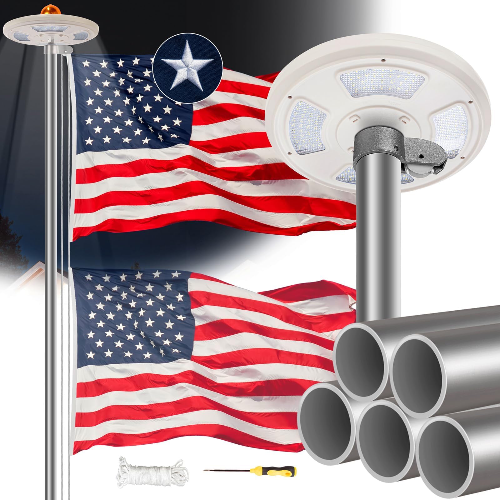 - 25FT Sliver Heavy Duty Flag Pole Kit with 3x5 Ft American Flag & Solar Light - 12 Gauge Aluminum Tubing, Resistance High Winds, Hardware Flagpole Set for Residential Commercial Outdoor Ready