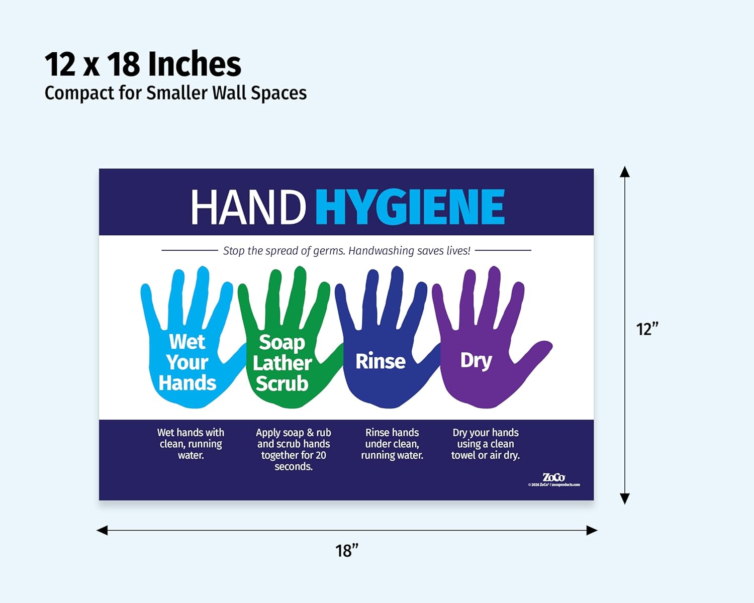 ZOCO – Hand Hygiene Posters (10-Pack) – Handwashing Signs for Kids & Adults, Laminated 12 x 18 – for Schools, Clinics, Nurse Offices & Workplaces