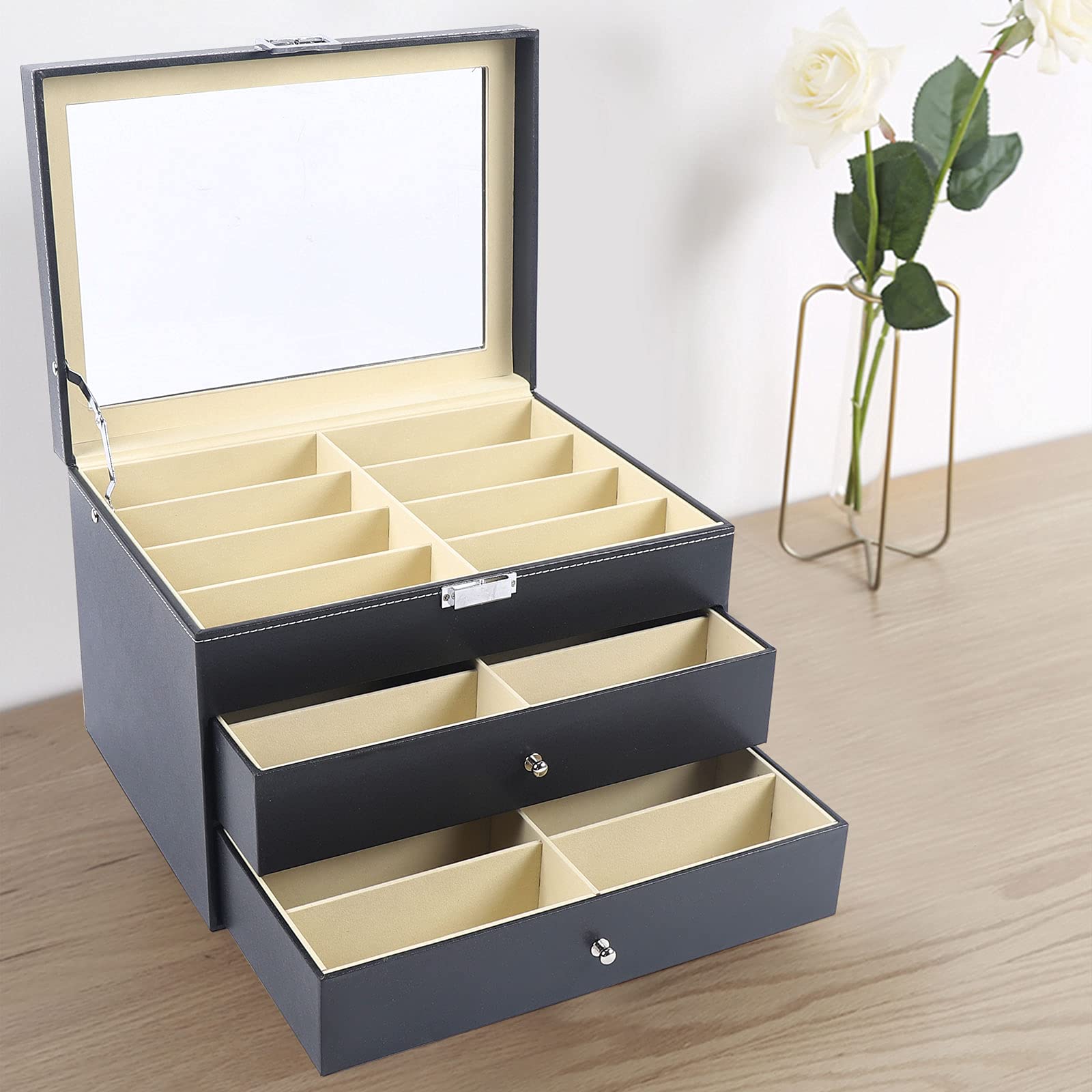 Lot de 24 grandes boîtes de rangement à 3 niveaux en cuir synthétique avec fenêtre en verre, tiroir, noir, pour homme et femme