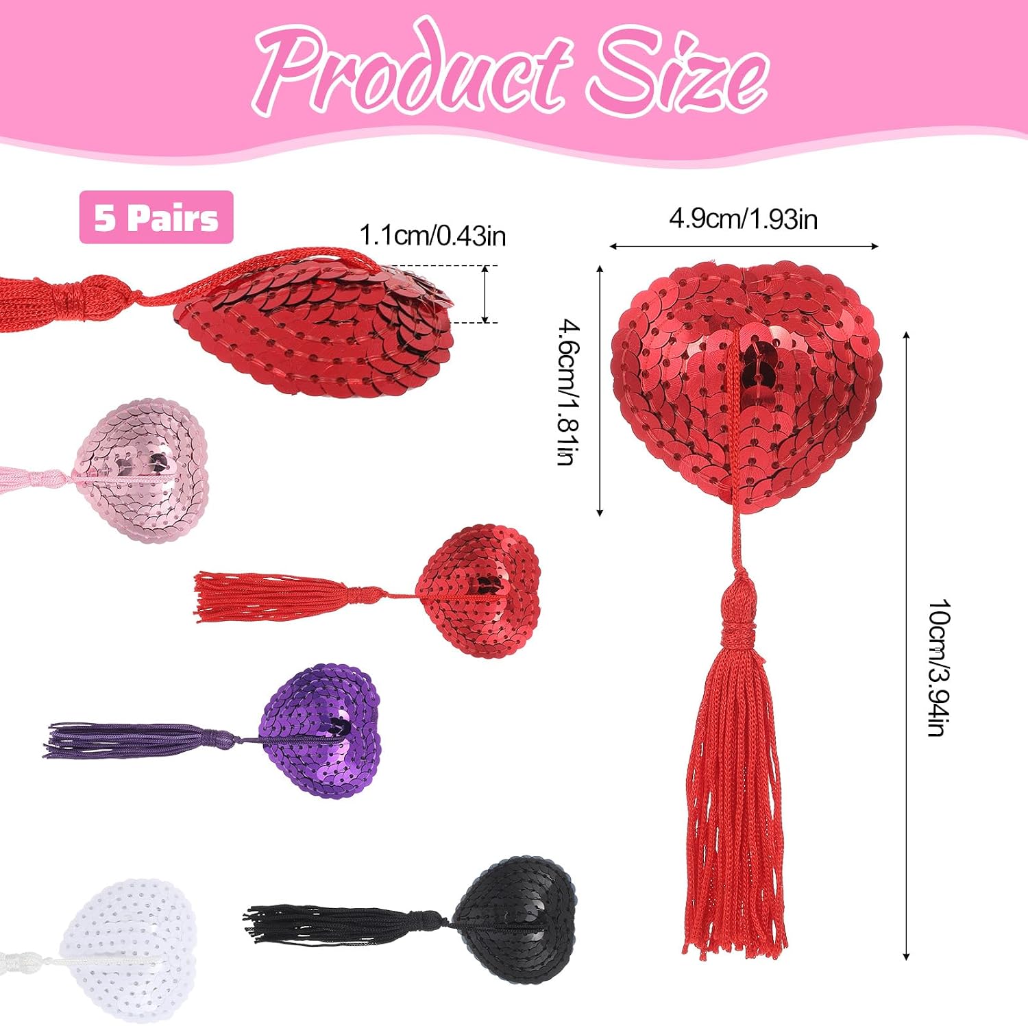 5 Pairs Reusable Adhesive Nipple Cover Shiny Heart-Shaped Breast Sticker Tassel for Women Couple Party Valentine's Day