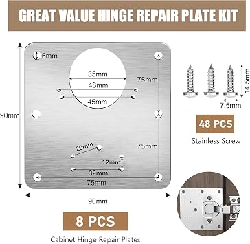 Hinge Repair Plate, Cabinet Hinge Repair Plate with Holes, Stainless Steel Brackets with Customized Screws for Kitchen Cupboard Door Wardrobe Wood Furniture (8)