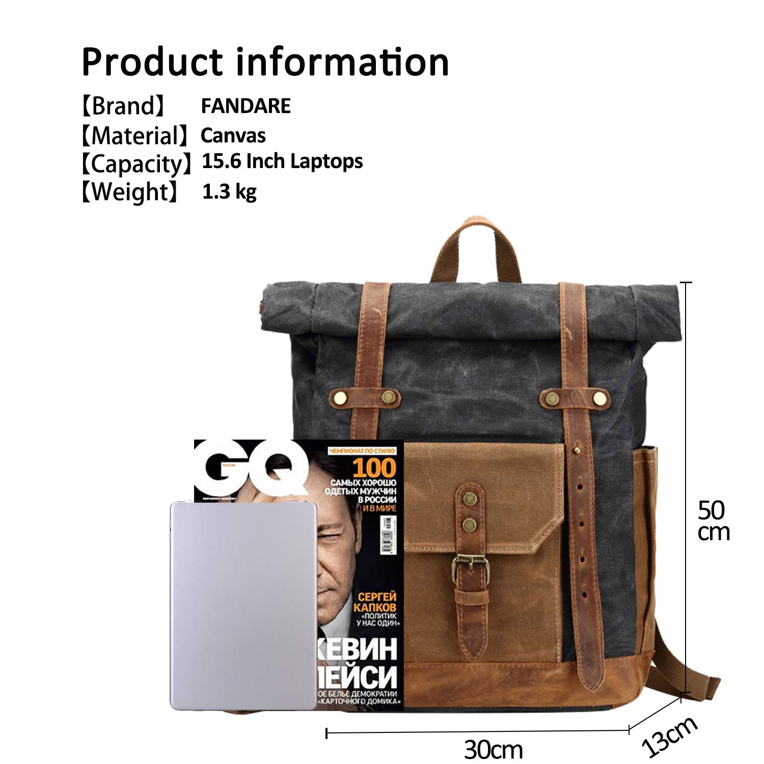 FANDARE Moda Borsa scuola Viaggio Zaino Uomo 15.6 pollici Daypack Outdoor Campeggio Grande Capacity Rucksack Tela, nero, L, Zaino per il tempo libero